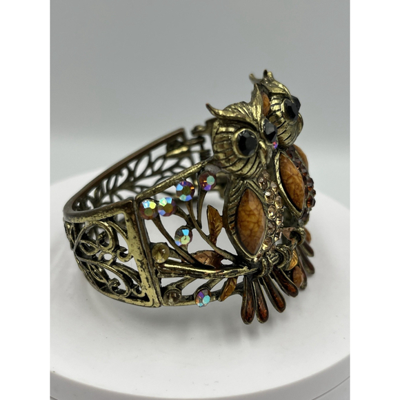 Vintage Owl Gold Tone Cuff Clamper Bangle Bracelet HANDMADE VTG SEE ALL - Picture 14 of 16